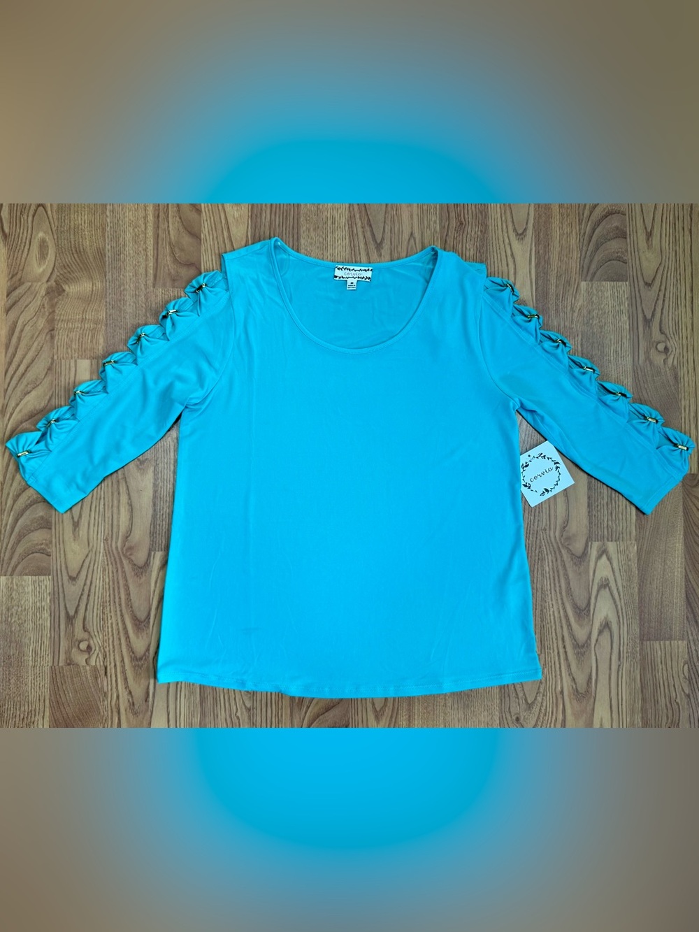 ❤️ NWT Corvia Women’s Medium Aqua Silver Bow 3/4 Sleeve Blouse Shirt Top (B19)